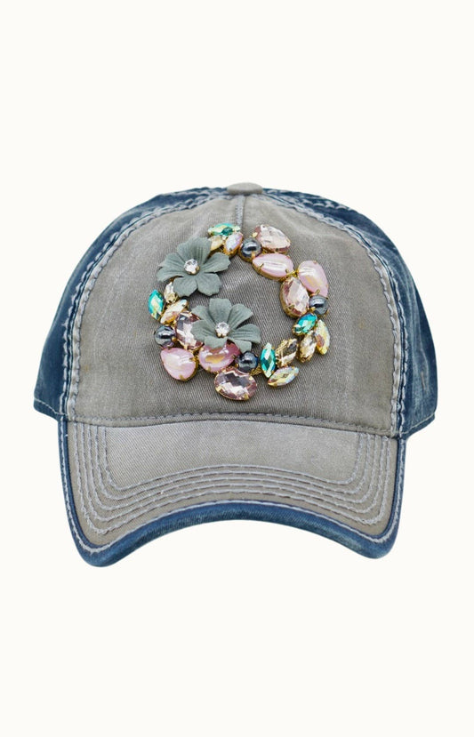 Floral Bejeweled Two-Tone Cap | Moss & Navy Adjustable Women's Hat