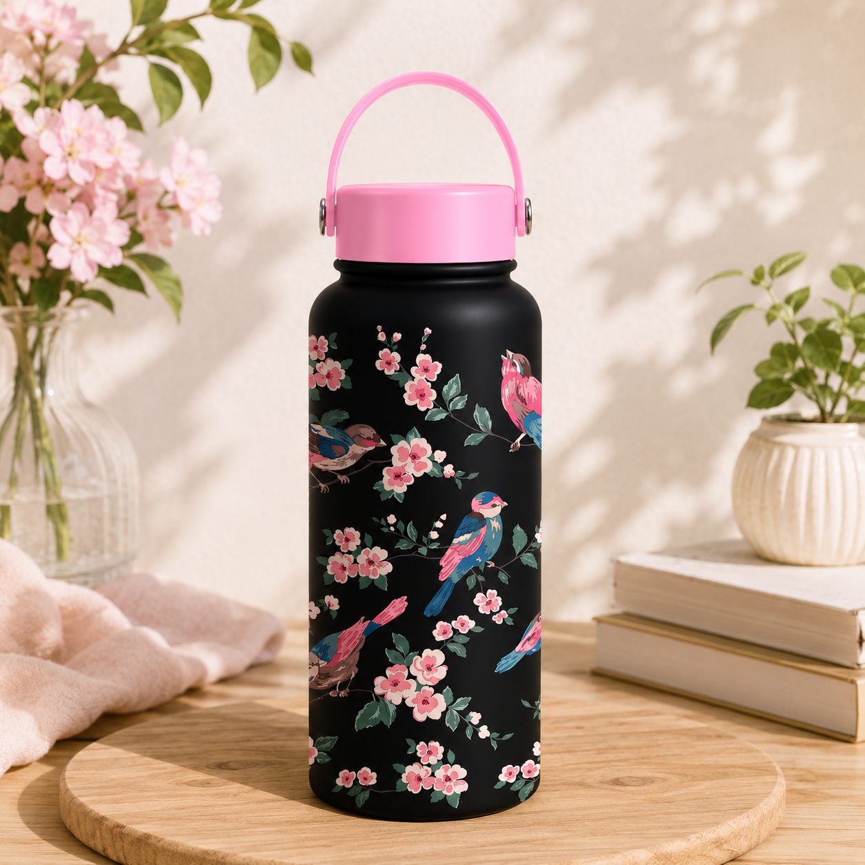 Bird and blossom insulated stainless steel water bottle 1000ml with floral bird print and carry handle