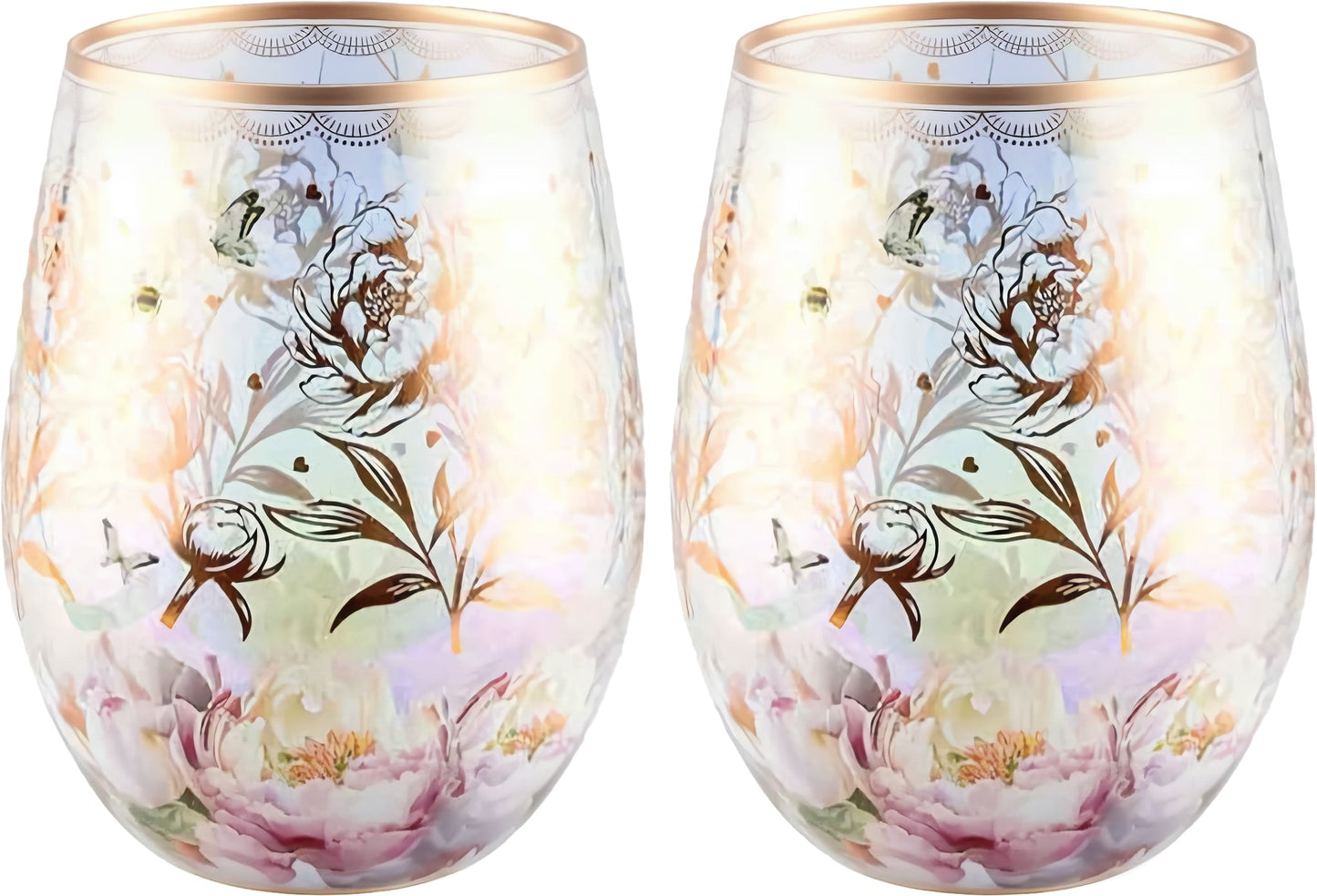 Blushing Peonies Stemless Wine Glass Set of 2 | Floral Gift Set