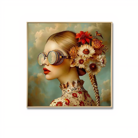Clementine Floral Portrait Canvas Wall Art – Brushed Print with Natural Frame | 70x70 cm