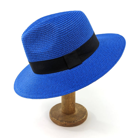 Foldable Panama Style Travel Sun Hat - Blue & Black (57cm)