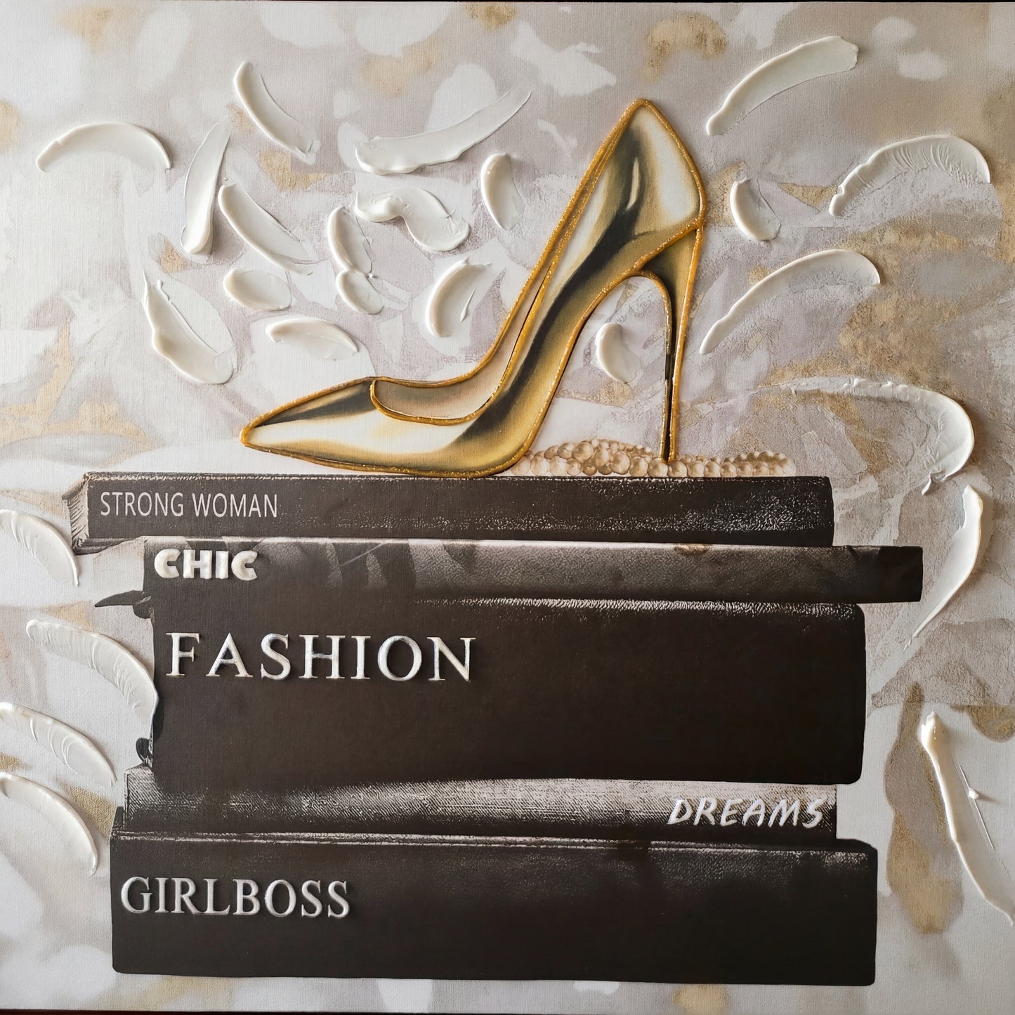 Shoe on Books – Brushed Gold Foil Canvas Wall Art | Natural Frame 70 x 70cm