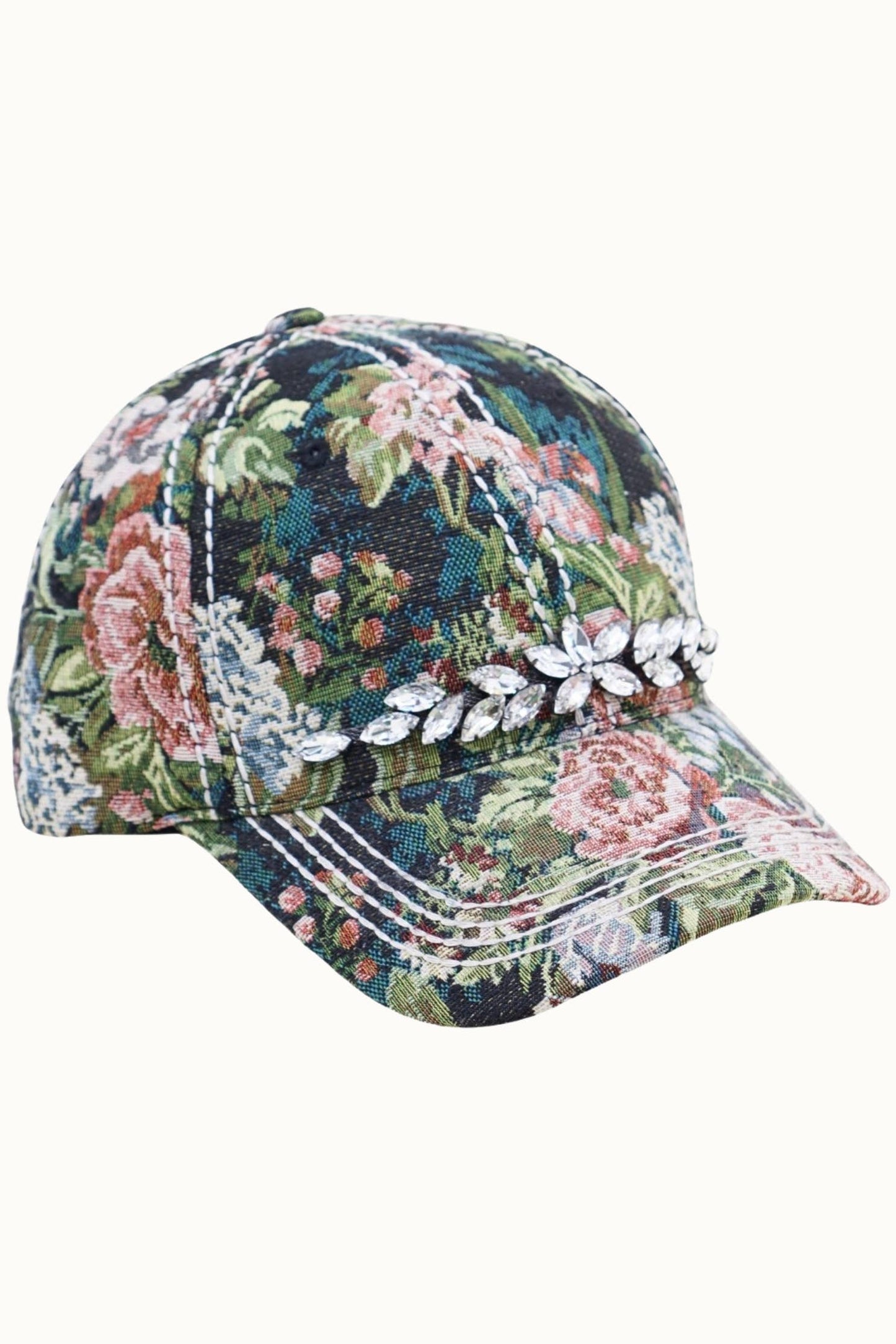 Floral Tapestry Cap with Crystal Bling Detail | Adjustable Women's Hat