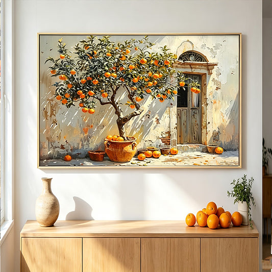 Tuscan Orange Tree – Mediterranean Courtyard Framed Canvas | 90 × 60 cm