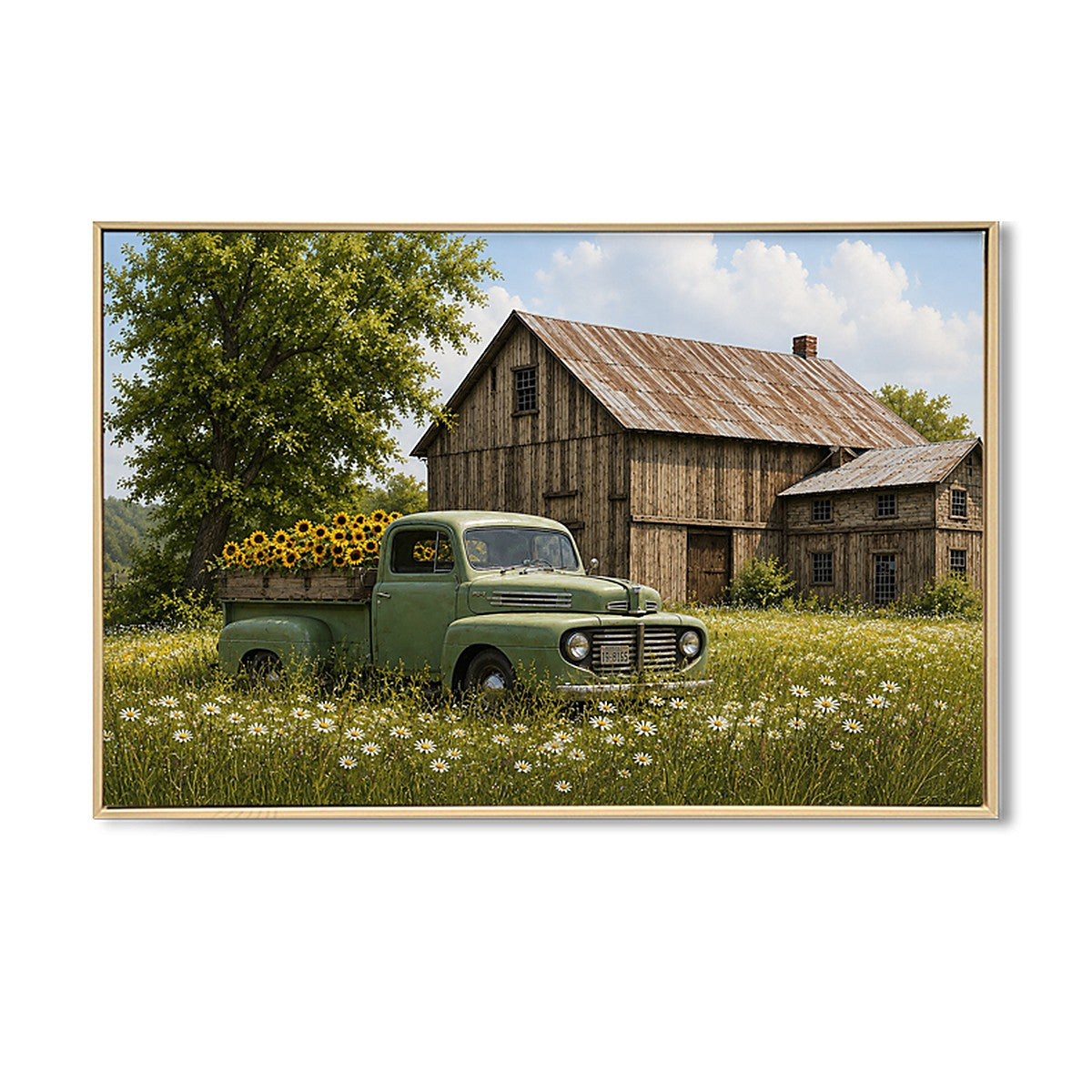 Vintage Truck – Sunflower Harvest Framed Canvas | 90 × 60 cm