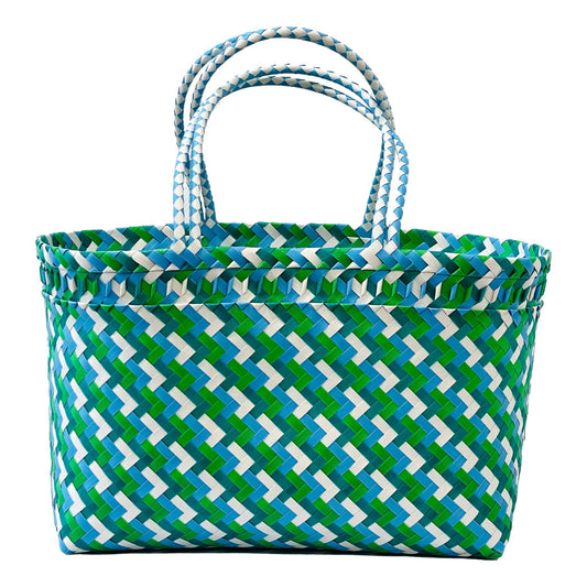 LuLu XLarge Recycled Plastic Woven Tote Bag: Green White