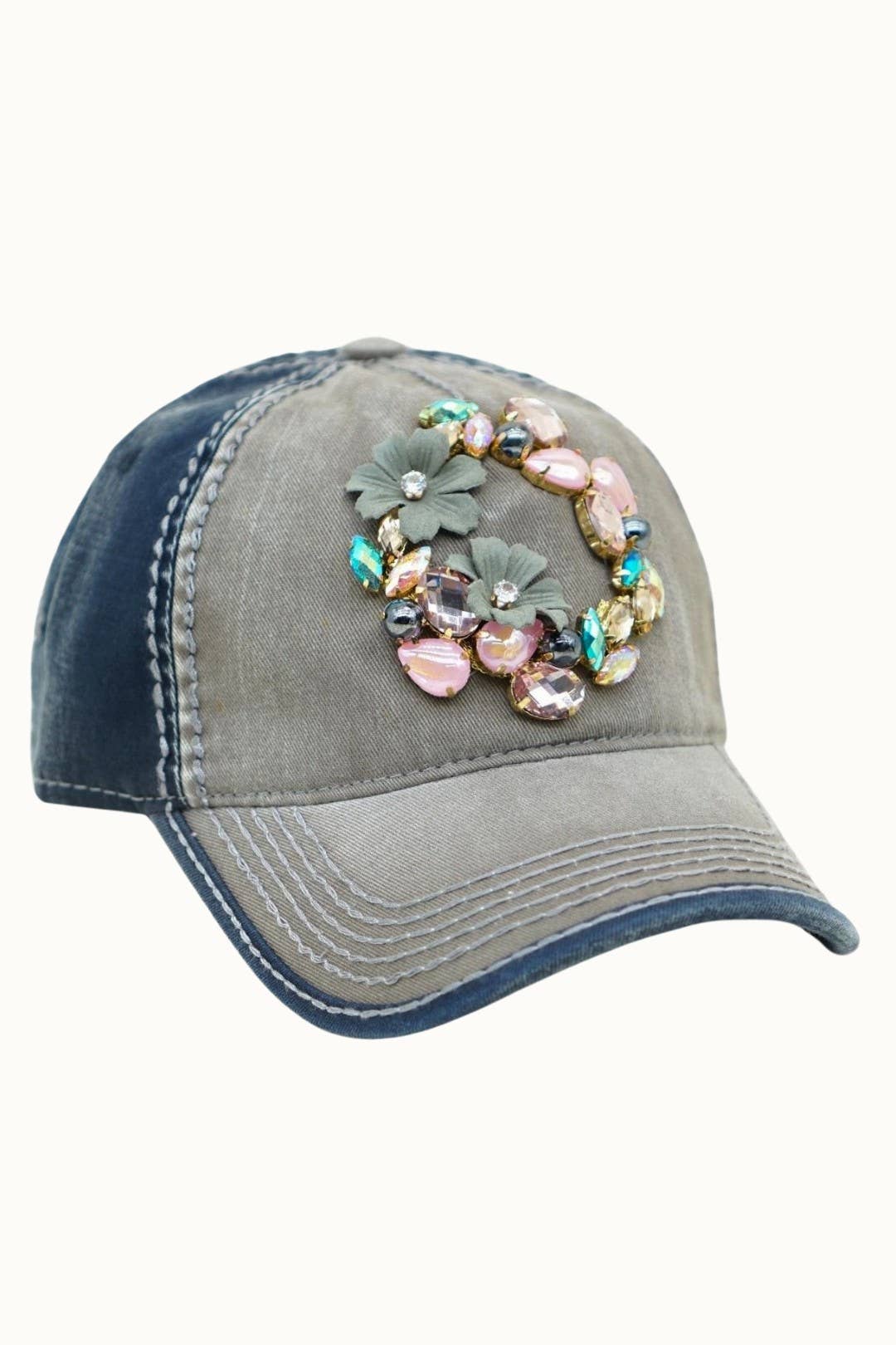 Floral Bejeweled Two-Tone Cap | Moss & Navy Adjustable Women's Hat