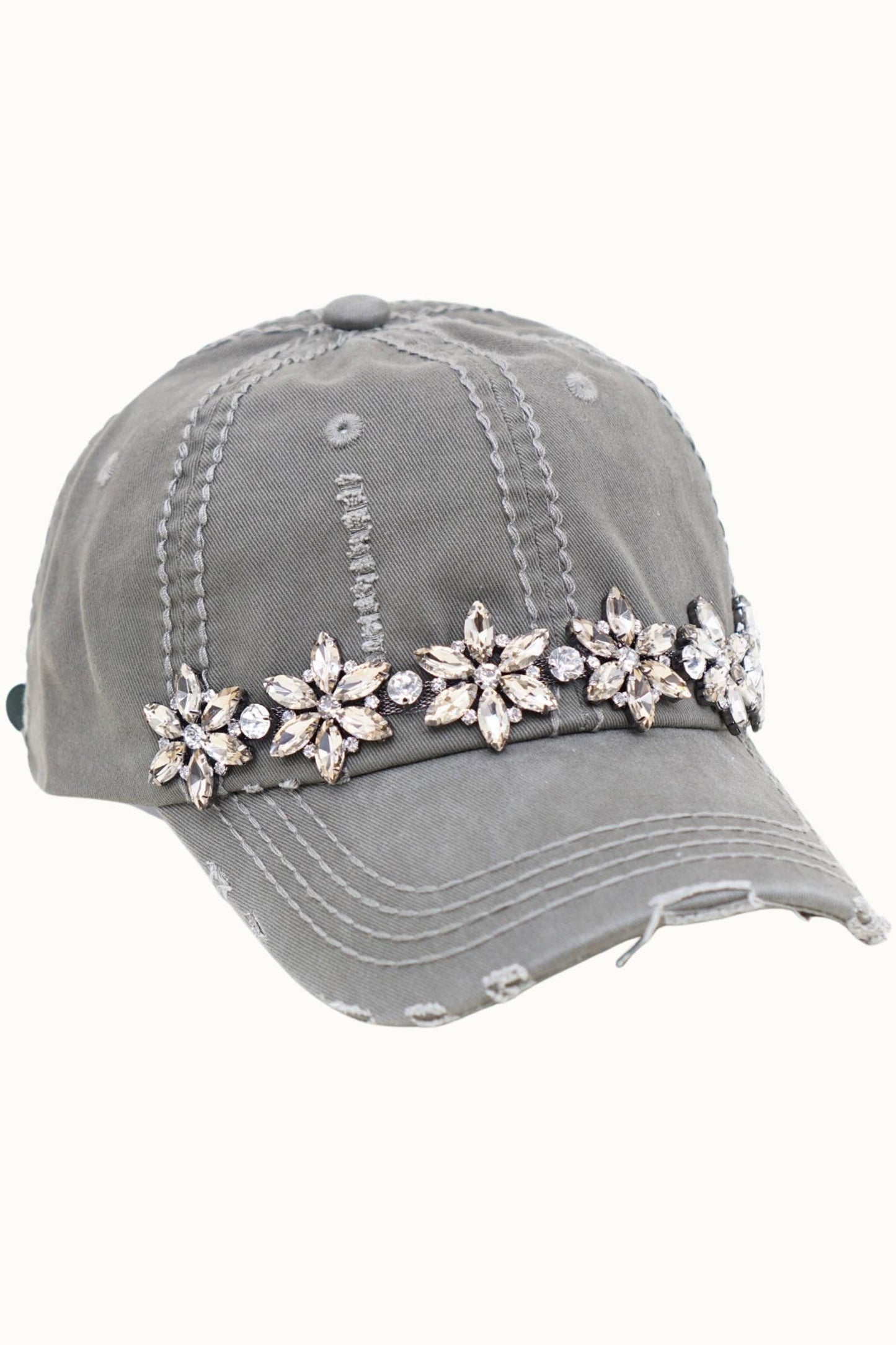 Olive & Pique Bejeweled Bling Glitz Distressed Cap | Adjustable Women's Hat