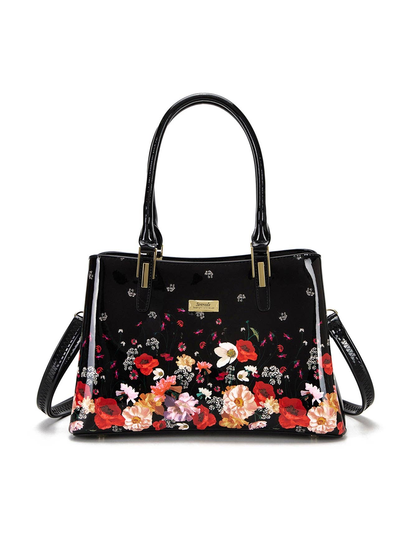 Serenade Clara Patent Leather Handbag – Floral Border Elegance