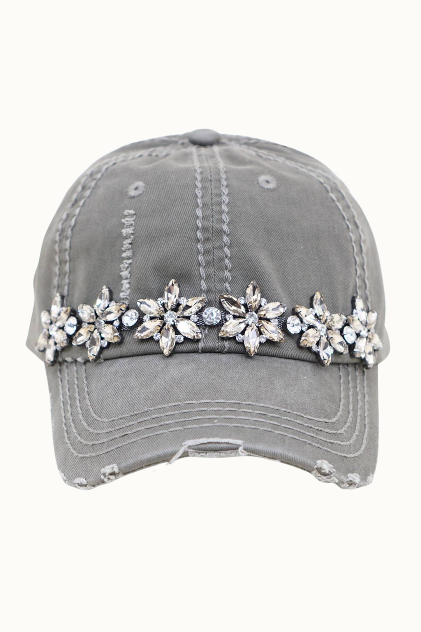 Olive & Pique Bejeweled Bling Glitz Distressed Cap | Adjustable Women's Hat