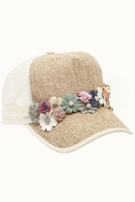 Olive & Pique Floral Bouquet Bejeweled Two-Tone Trucker Cap | Adjustable Women's Hat