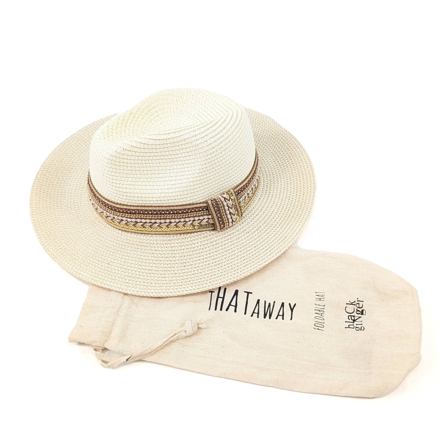 Foldable Jewelled Band Panama Hat (57cm) - Natural