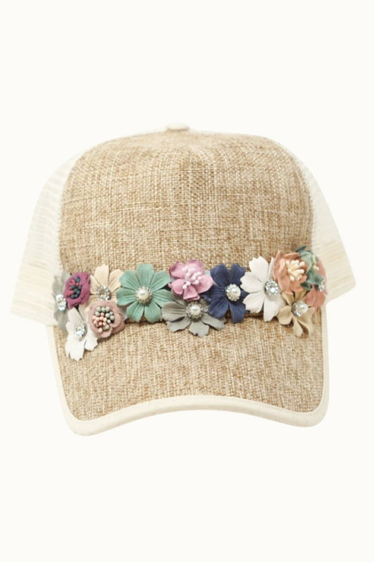 Olive & Pique Floral Bouquet Bejeweled Two-Tone Trucker Cap | Adjustable Women's Hat
