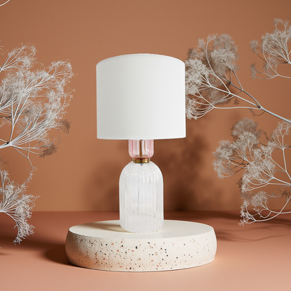Adele Pink Ribbed Glass Table Lamp with Linen Shade