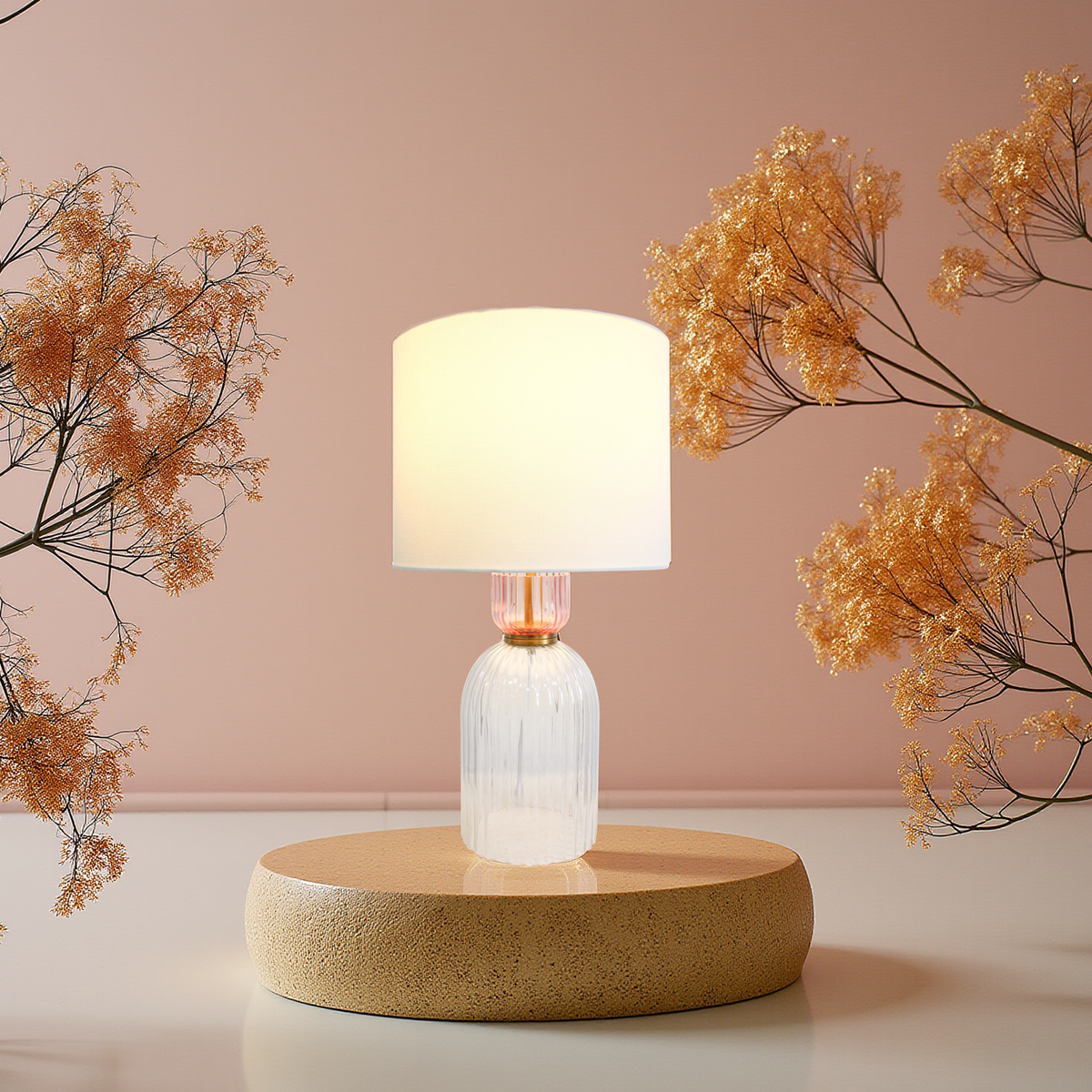Adele Pink Ribbed Glass Table Lamp with Linen Shade