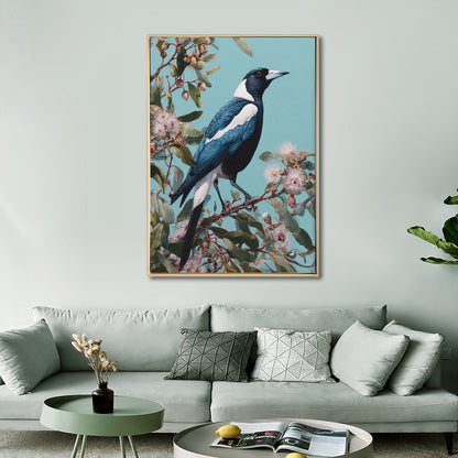 Blue Magpie Botanical Canvas Wall Art – Brushed Print with Light Natural Frame | 50x70 cm