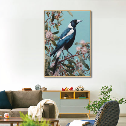 Blue Magpie Botanical Canvas Wall Art – Brushed Print with Light Natural Frame | 50x70 cm