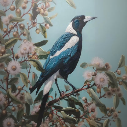 Blue Magpie Botanical Canvas Wall Art – Brushed Print with Light Natural Frame | 50x70 cm