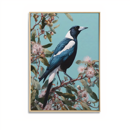 Blue Magpie Botanical Canvas Wall Art – Brushed Print with Light Natural Frame | 50x70 cm