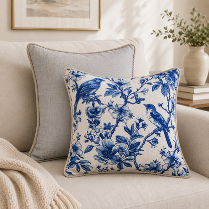 Blue Tweet Decorative Cushion 50x50cm | Blue Bird Floral Home Decor