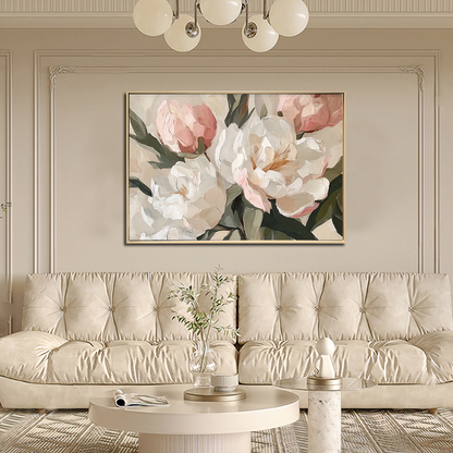 Blush Peony Blooms – Brushed Floral Canvas Wall Art with Light Natural Frame | 90x70 cm