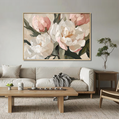 Blush Peony Blooms – Brushed Floral Canvas Wall Art with Light Natural Frame | 90x70 cm
