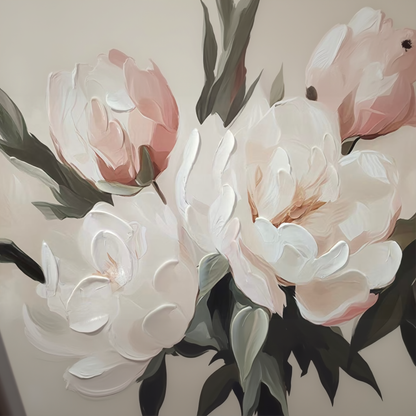 Blush Peony Blooms – Brushed Floral Canvas Wall Art with Light Natural Frame | 90x70 cm