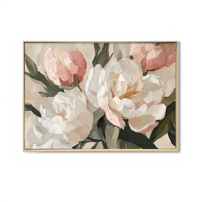 Blush Peony Blooms – Brushed Floral Canvas Wall Art with Light Natural Frame | 90x70 cm