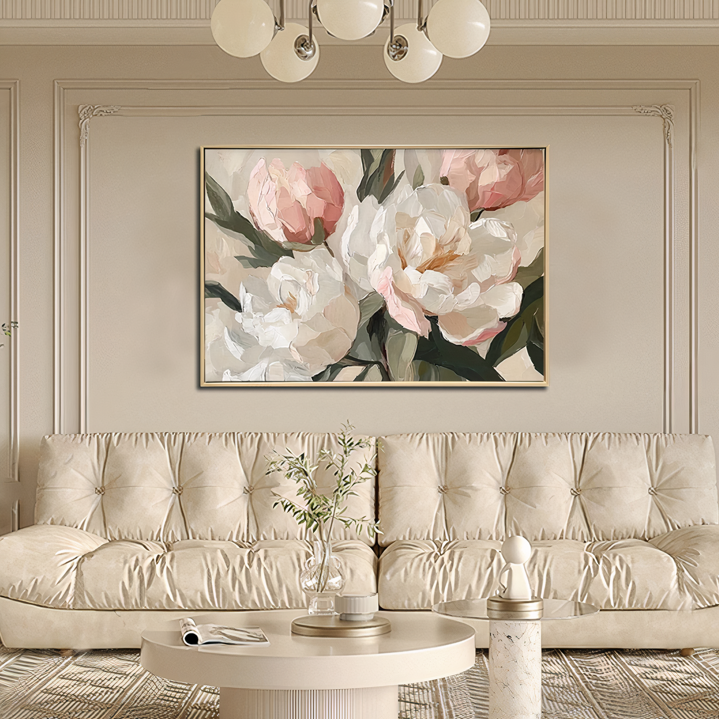 Blush Peony Blooms – Brushed Floral Canvas Wall Art with Light Natural Frame | 90x70 cm