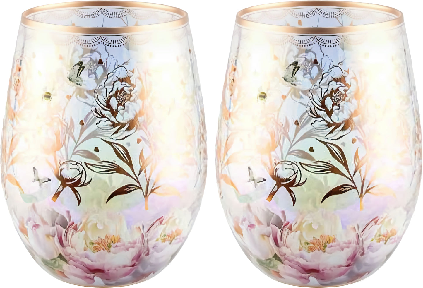 Blushing Peonies stemless wine glass set of 2 featuring soft floral artwork in blush pink, ivory and pastel tones