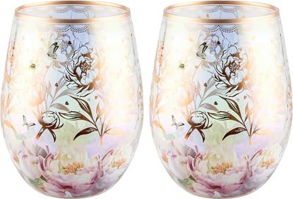 Blushing Peonies Stemless Wine Glass Set of 2 | Floral Gift Set