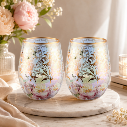 Blushing Peonies Stemless Wine Glass Set of 2 | Floral Gift Set