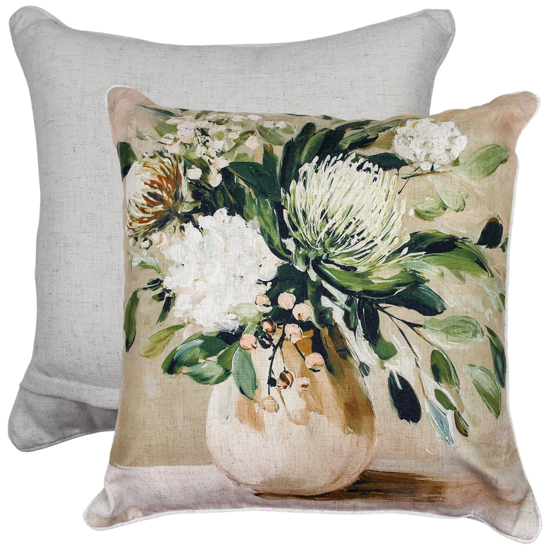 Calm Botanica decorative cushion 50x50cm featuring botanical protea flowers, greenery and neutral floral vase artwork