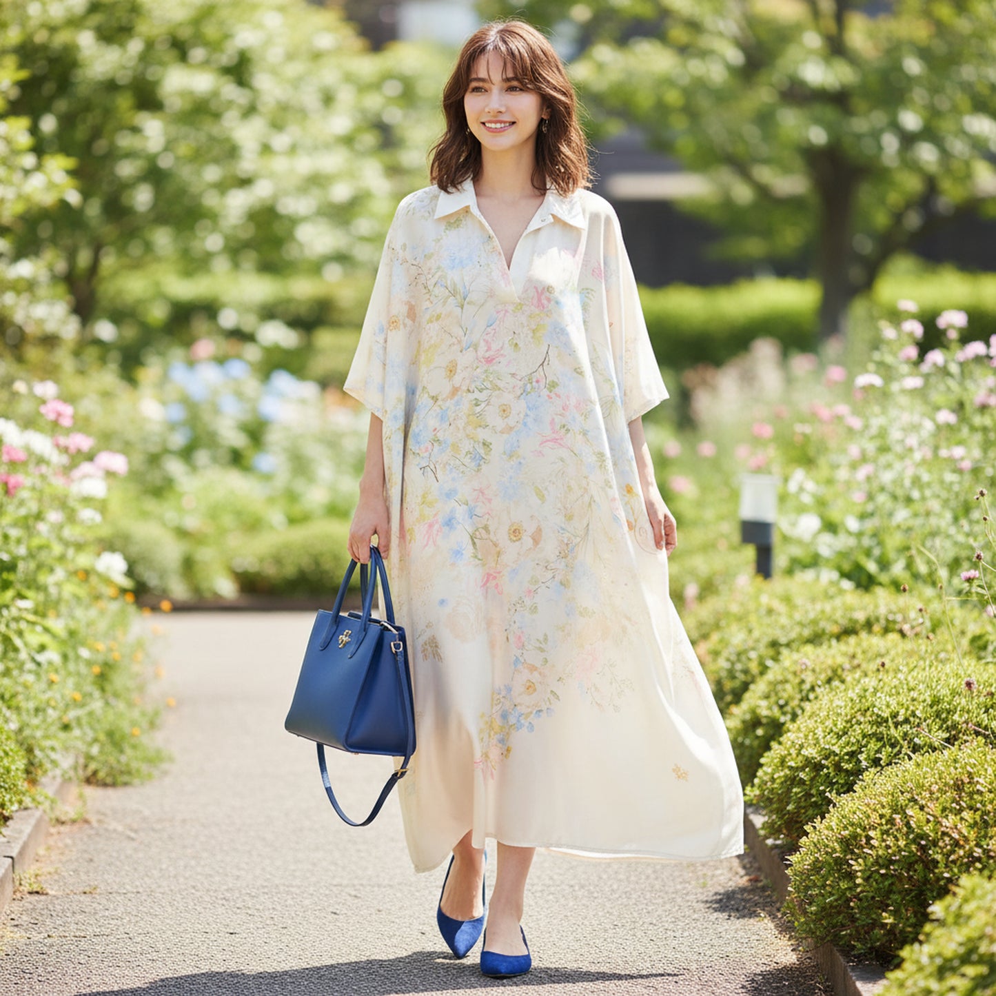 Satin midi dress with watercolour floral print