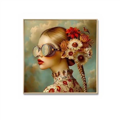 Clementine Floral Portrait Canvas Wall Art – Brushed Print with Natural Frame | 70x70 cm