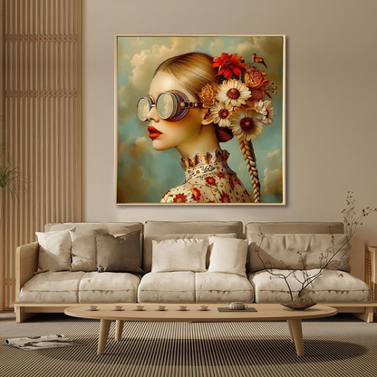 Clementine Floral Portrait Canvas Wall Art – Brushed Print with Natural Frame | 70x70 cm