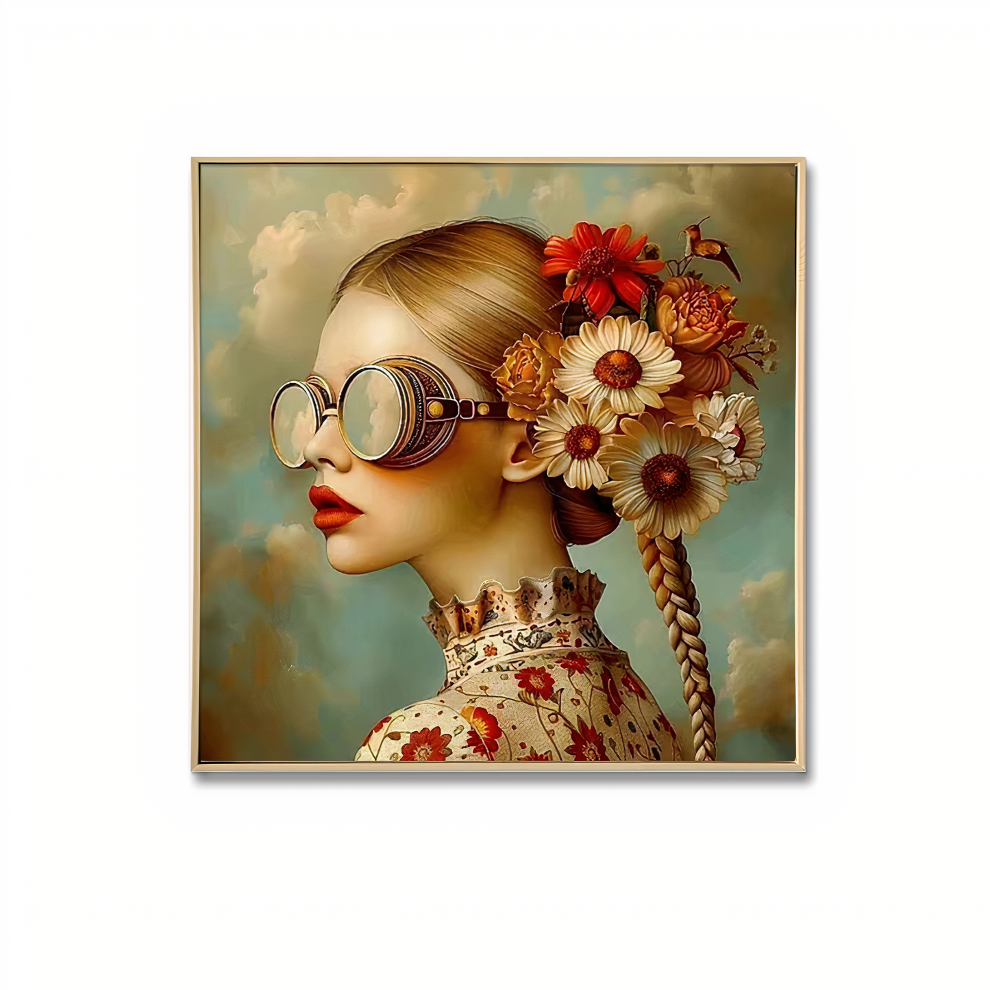 Clementine Floral Portrait Canvas Wall Art – Brushed Print with Natural Frame | 70x70 cm