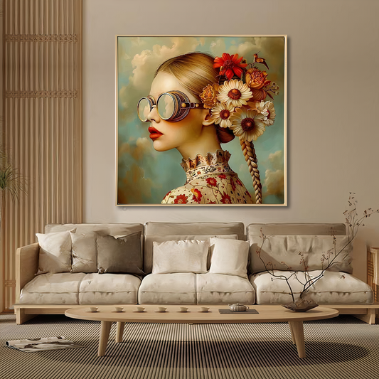 Clementine Floral Portrait Canvas Wall Art – Brushed Print with Natural Frame | 70x70 cm