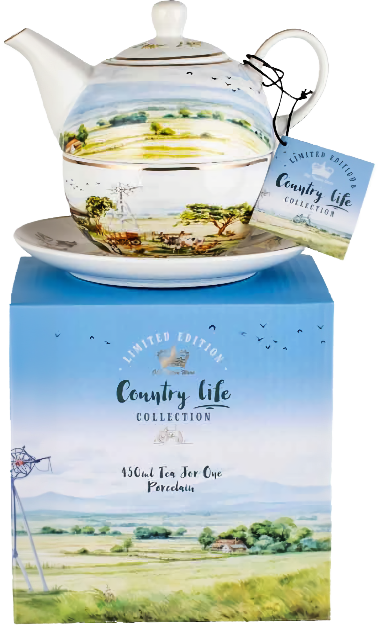 Country Life Tea For One set 450ml featuring countryside farm scenes with teapot, cup and saucer in New Bone China