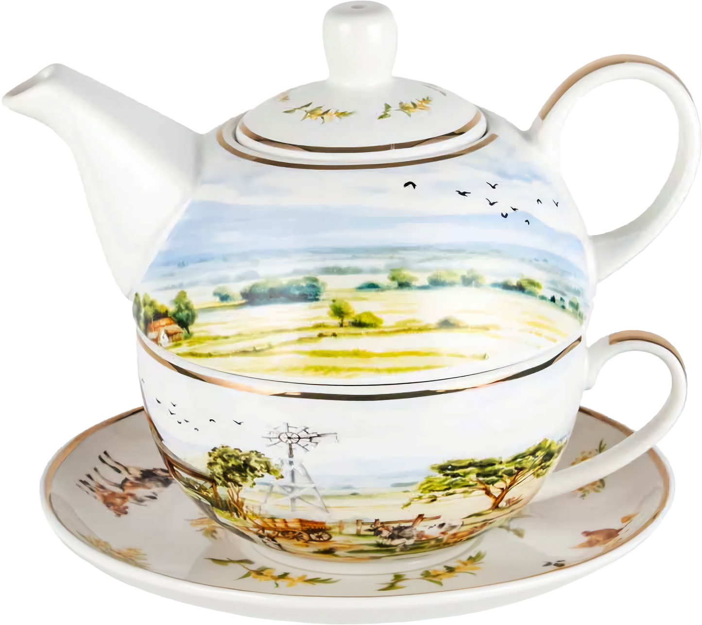 Country Life Tea For One set 450ml featuring countryside farm scenes with teapot, cup and saucer in New Bone China