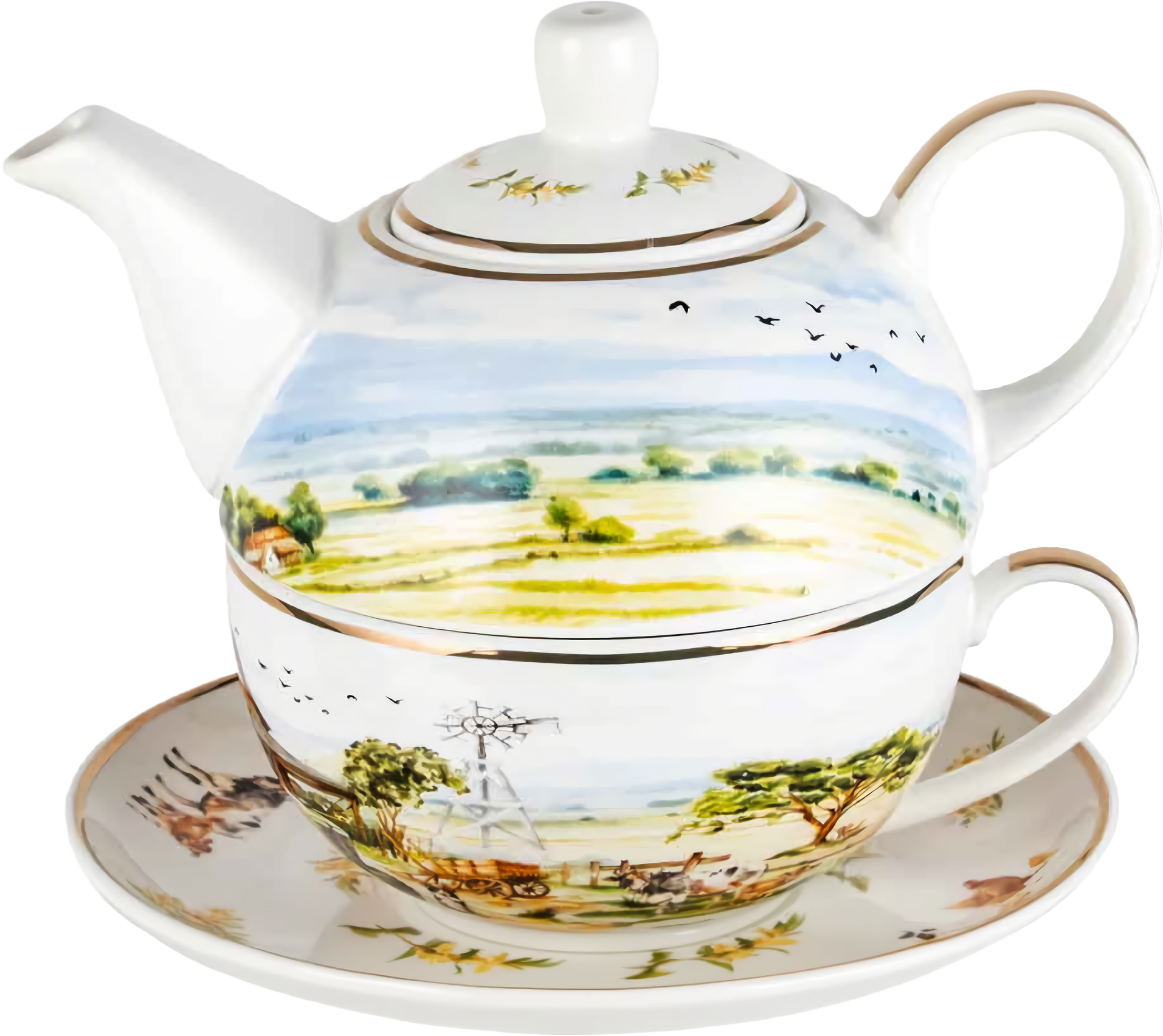 Country Life Tea For One set 450ml featuring countryside farm scenes with teapot, cup and saucer in New Bone China