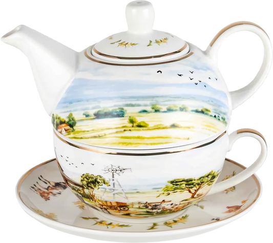 Country Life Tea For One set 450ml featuring countryside farm scenes with teapot, cup and saucer in New Bone China