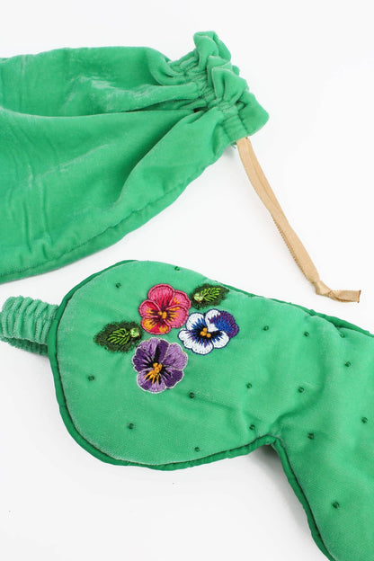 Emerald Velvet Eye Mask – Embroidered Pansy