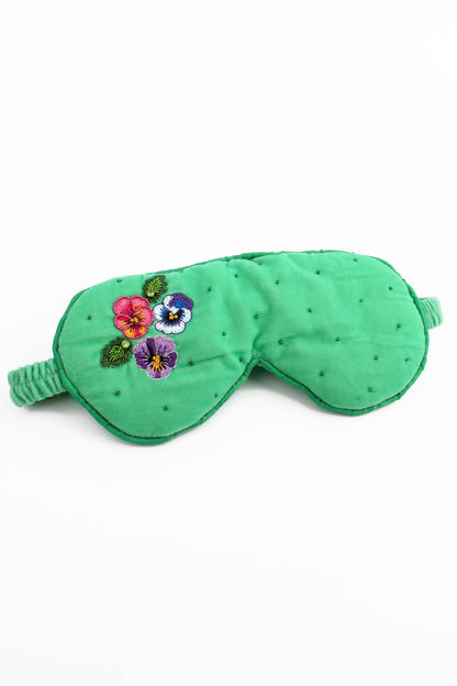 Emerald Velvet Eye Mask – Embroidered Pansy