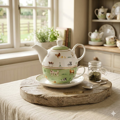 Farm Lane Tea For One Teapot Kettle with Cup & Saucer Set 410ml | Green & White Bone China