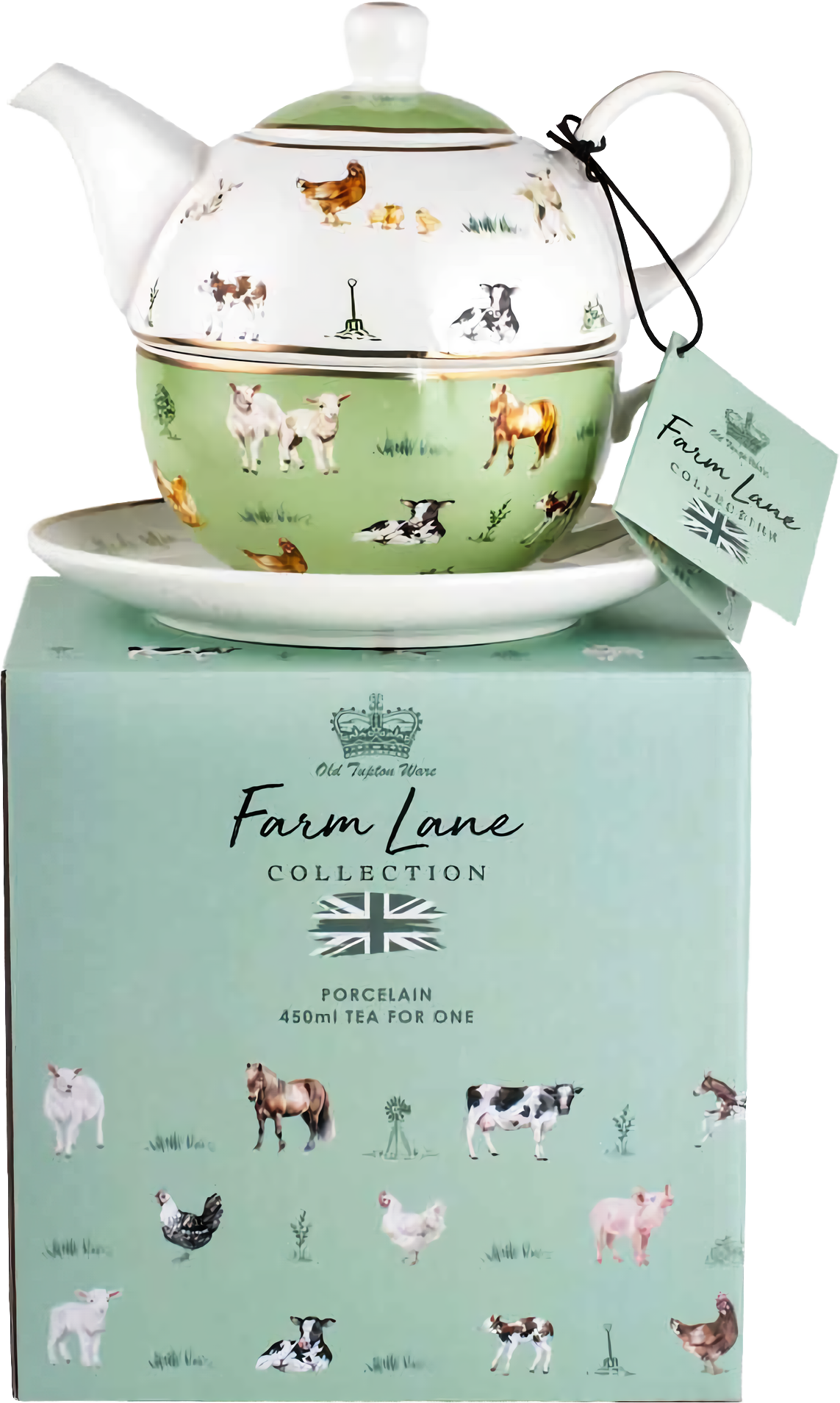 Farm Lane Tea For One teapot, cup and saucer set 410ml in green and white New Bone China featuring farm animal artwork