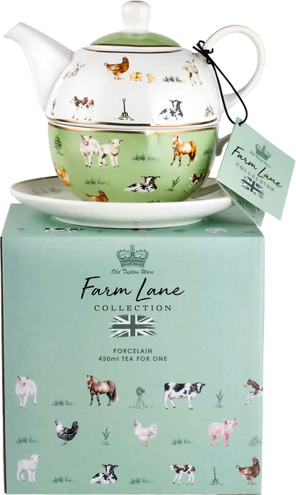Farm Lane Tea For One Teapot Kettle with Cup & Saucer Set 410ml | Green & White Bone China