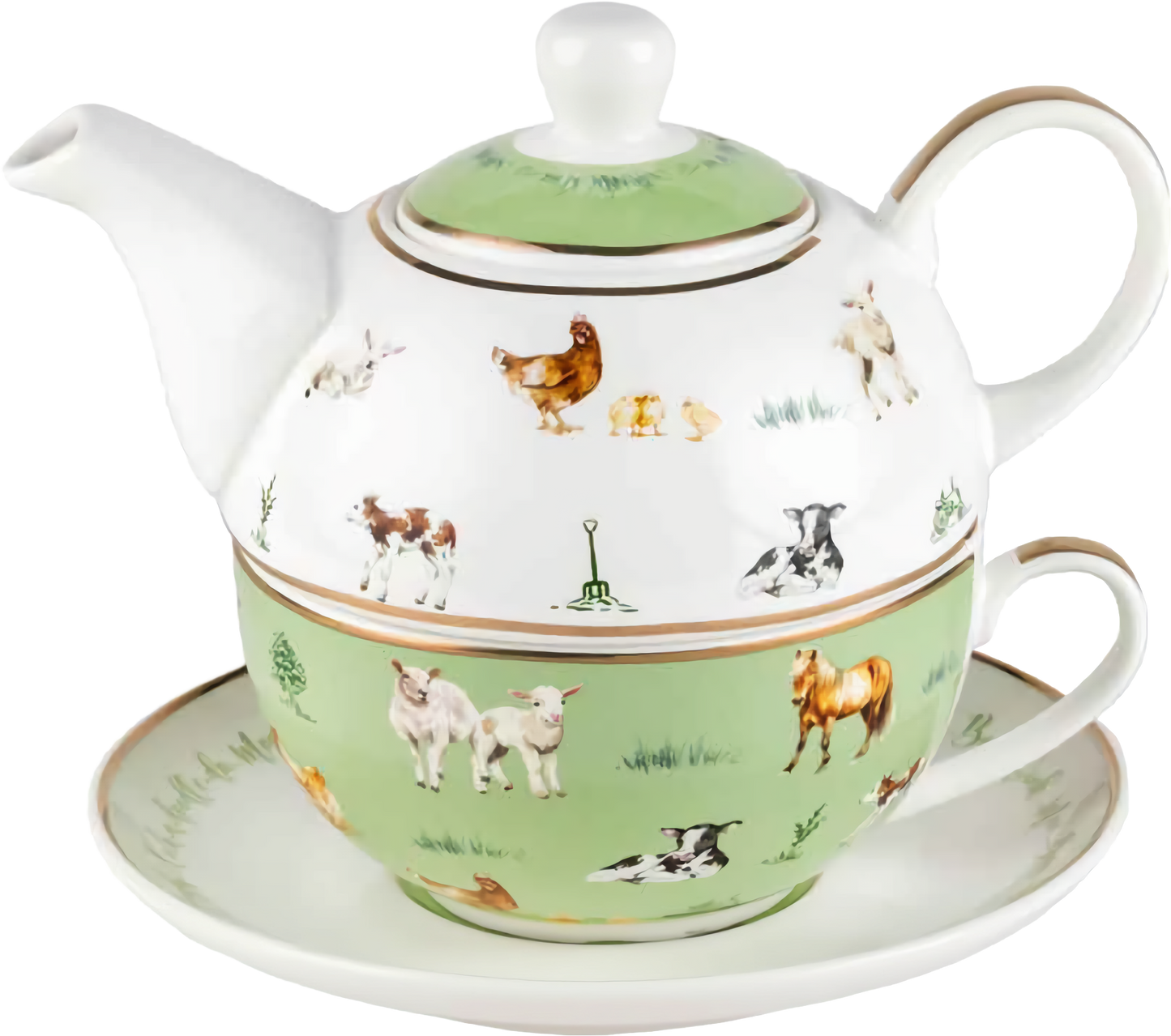 Farm Lane Tea For One teapot, cup and saucer set 410ml in green and white New Bone China featuring farm animal artwork