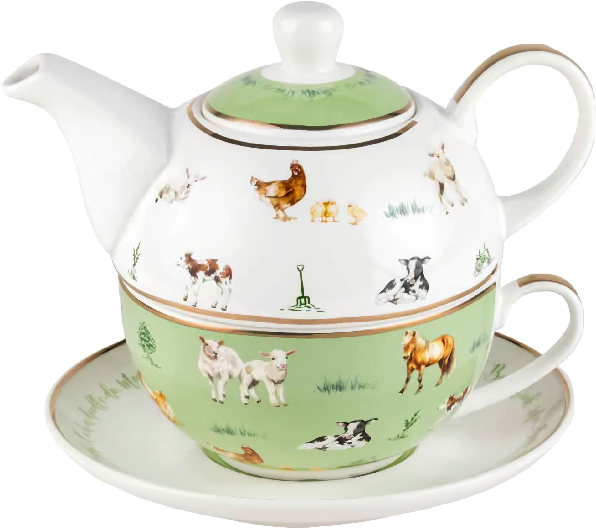 Farm Lane Tea For One teapot, cup and saucer set 410ml in green and white New Bone China featuring farm animal artwork