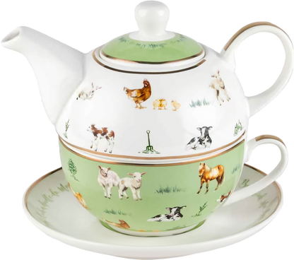 Farm Lane Tea For One Teapot Kettle with Cup & Saucer Set 410ml | Green & White Bone China